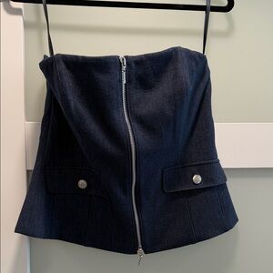 Stylish Navy Blue Denim Look Strapless Top with Zipper